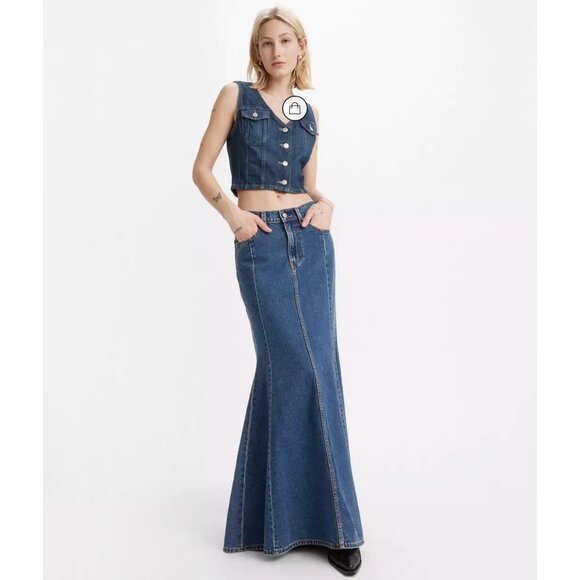 Levi's Premium Mermaid Denim Skirt Size 25 Dark Wash Enchantment - Picture 1 of 11